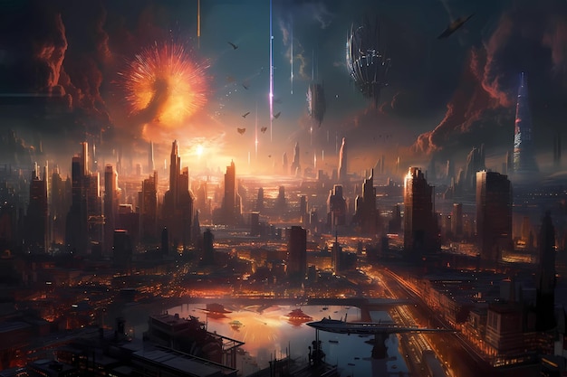 Fogos de artifício em uma ilustração de arte digital de cidade futurista IA generativa