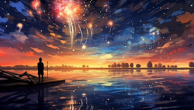 fogos de artifício estão iluminando o céu sobre o lago