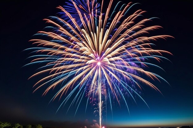 fogos de artifício explodindo na noite escura cores diferentes iluminando a celebração