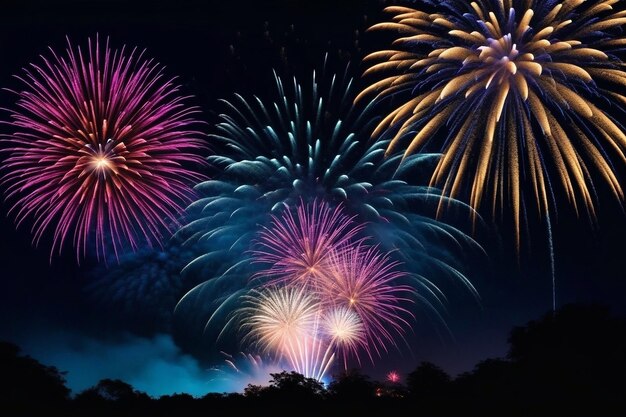 fogos de artifício explodindo na noite escura cores diferentes iluminando a celebração