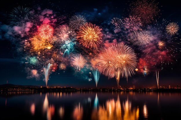 Foto fogos de artifício festivos coloridos na noite sobre a cidade celebração para o feliz ano novo feriado