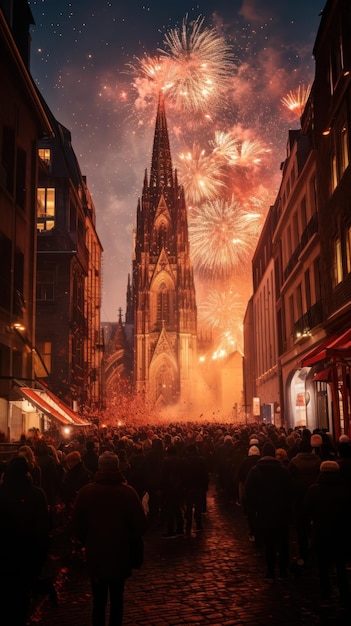 Fogos de artifício iluminam o céu acima das celebrações do Carnaval de Colônia