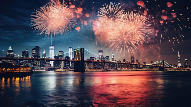 Fogos de artifício iluminando o céu noturno sobre um horizonte icônico da cidade