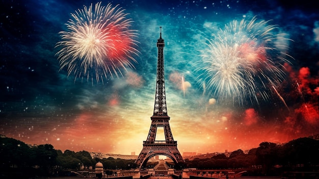 Fogos de artifício na torre eiffel de Paris Generative AI