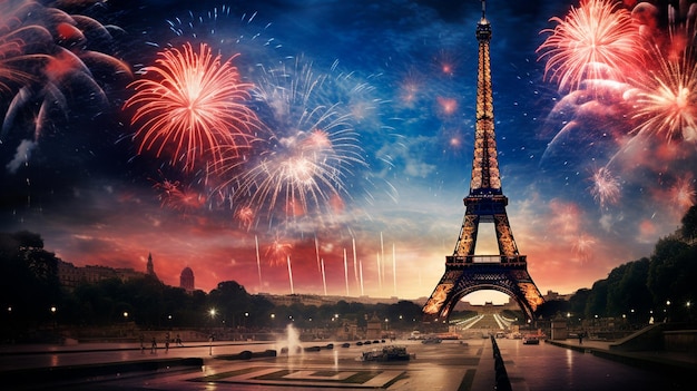 Fogos de artifício na torre eiffel de Paris Generative AI