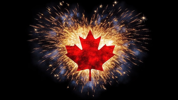 Fogos de artifício no céu com uma bandeira canadense no meio