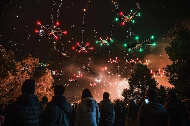 fogos de artifício no céu noturno com pessoas a ver