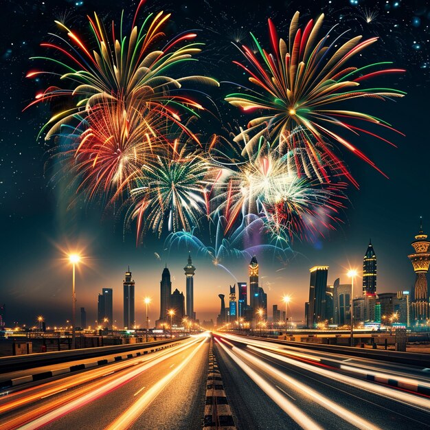 Foto fogos de artifício no céu noturno iluminando a rodovia celebração do dia nacional do kuwait