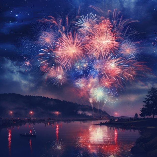 Fogos de artifício no céu noturno sobre um lago