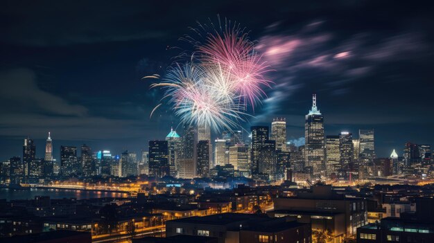 fogos de artifício no céu noturno sobre uma cidade.