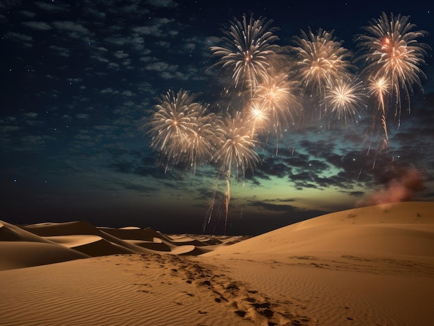 fogos de artifício no deserto com uma palmeira ao fundo