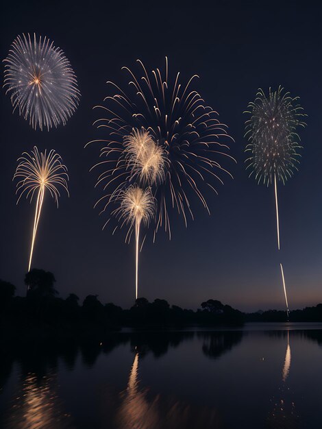 Foto fogos de artifício no lago celebração do festival de diwali