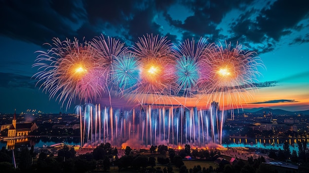 Fogos de artifício no Olympiapark no Festival Sommernachtstraum em Munique