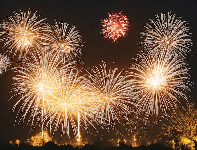 Fogos de artifício são acesos no céu noturno.