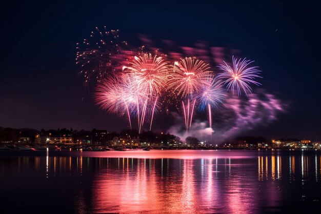 Fogos de artifício são iluminados à noite com um fundo roxo.