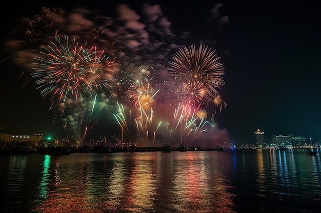 Fogos de artifício sobre a água à noite com as luzes apagadas