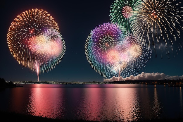 Fogos de artifício sobre a água à noite com um fundo de céu escuro