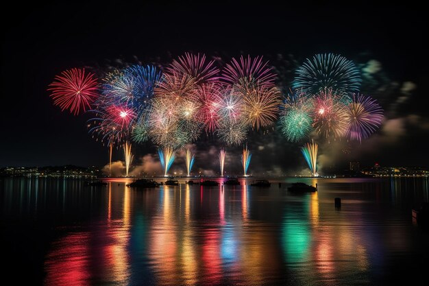 Fogos de artifício sobre a água à noite