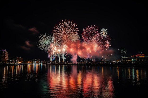 Fogos de artifício sobre a água à noite