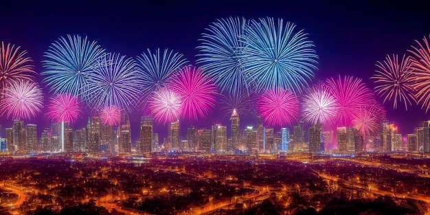 Fogos de artifício sobre a cidade à noite Cidade metropolitana à noite Vista panorâmica em fogos de artifício com imagem de cena noturna de horizonte de paisagem urbana criada com IA generativa