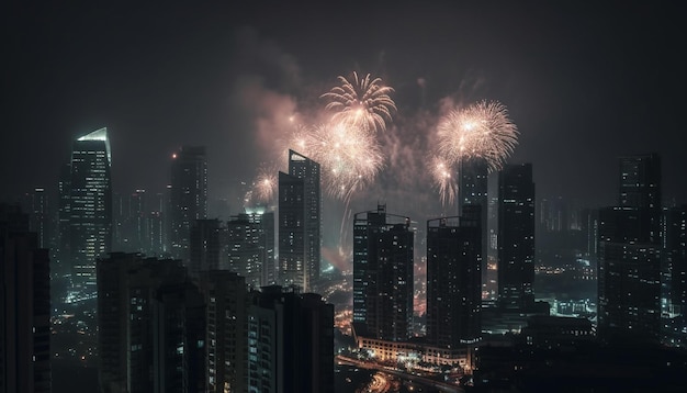 fogos de artifício sobre a cidade skyline cidade skyline à noite IA generativa