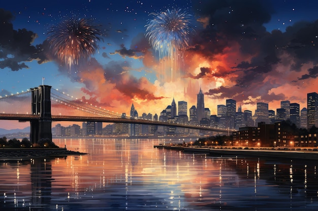 Fogos de artifício sobre a Ponte do Brooklyn à noite em Nova York, Estados Unidos, Dia da Independência AI gerativa