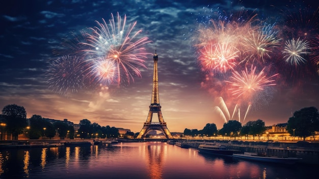 fogos de artifício sobre a torre em frente à torre