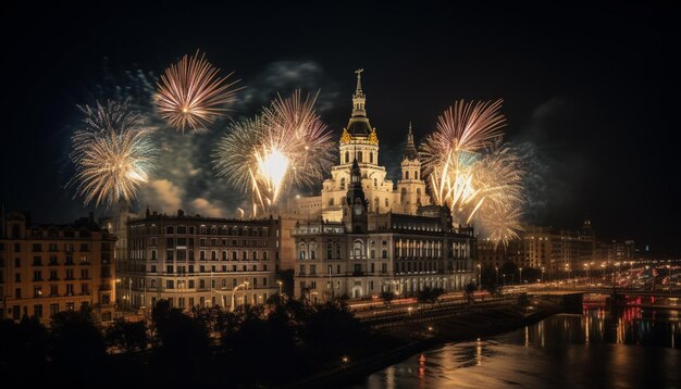 Fogos de artifício sobre o rio em madrid