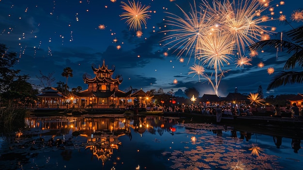 fogos de artifício sobre um templo com um lago ao fundo