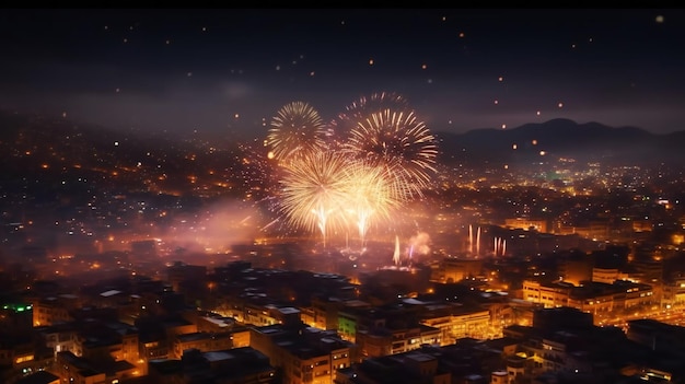 Fogos de artifício sobre uma cidade à noite com um céu escuro ao fundo