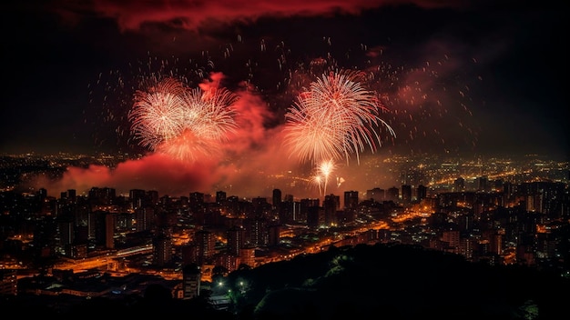 Fogos de artifício sobre uma cidade à noite com uma cidade ao fundo