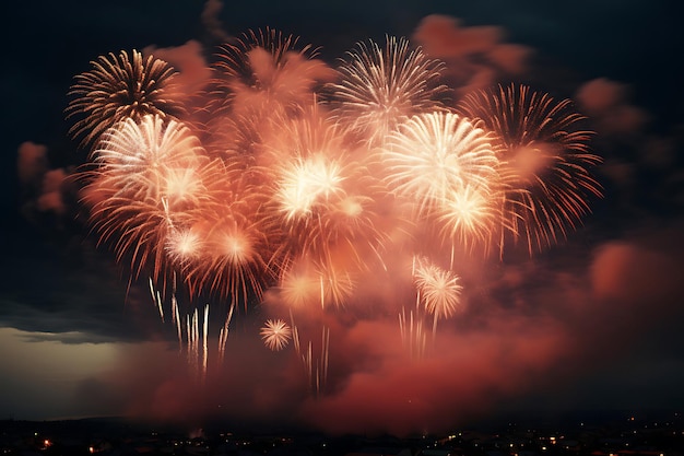 Fogos de artifício sobre uma cidade nevada