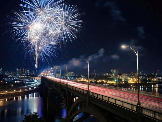 fogos de artifício sobre uma ponte com uma ponte ao fundo