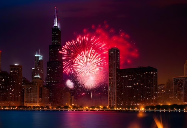 Fogos de artifício vermelhos sobre o Lago Michigan cercados