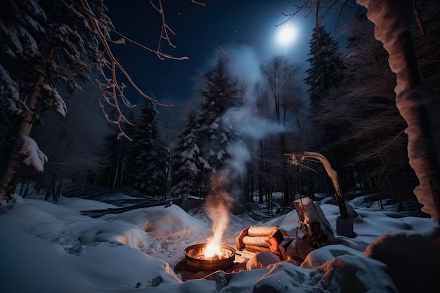 Fogueira cercada por árvores cobertas de neve com a lua brilhando acima criada com geração de inteligência artificial