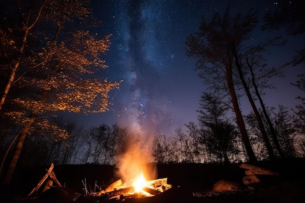 Fogueira cercada por silhuetas de árvores decoradas com brilhos de estrelas no céu noturno