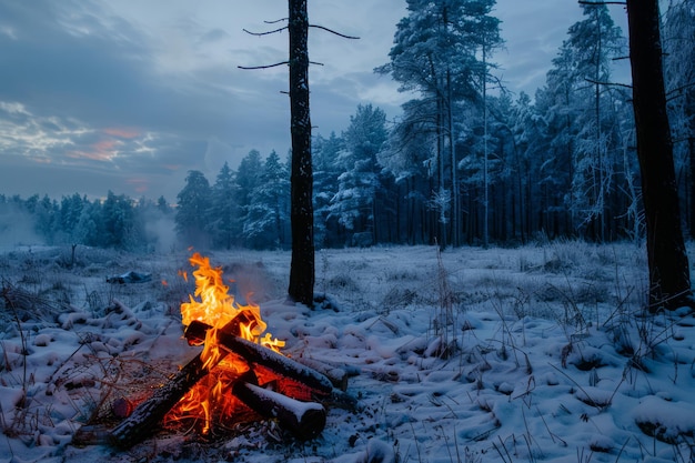 Fogueira com fogo na floresta gelada de inverno