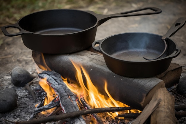 Fogueira cozinhando com frigideira de ferro fundido e utensílios temperados criados com ai generativa