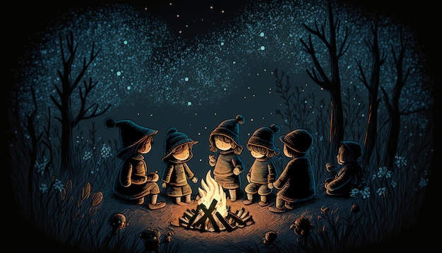 Fogueira de malha em uma floresta escura crianças ao redor do fogo.
