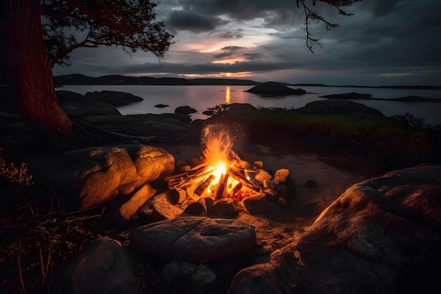 Fogueira noturna à noite perto da imagem gerada pela rede neural do lago de verão