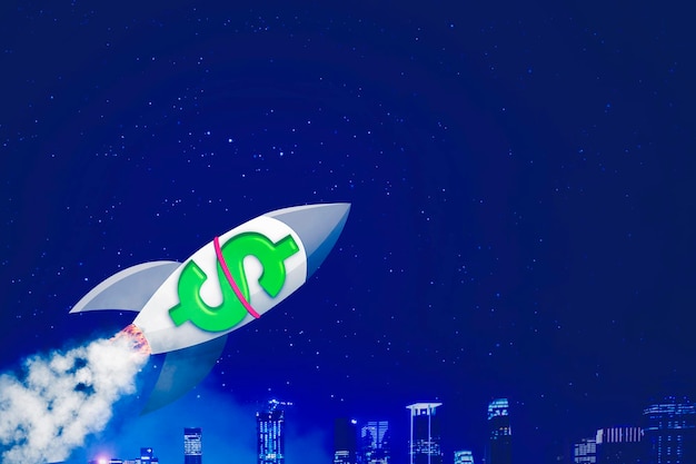 Foto foguete carregando o símbolo do dólar enquanto voava sobre a cidade