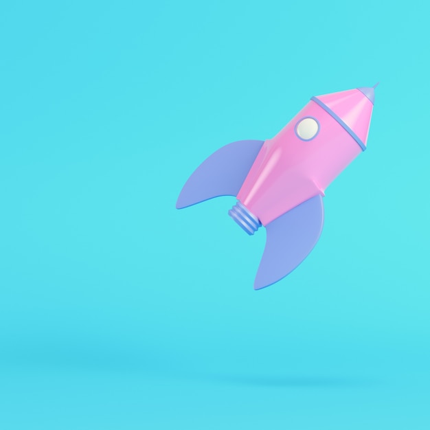 Foguete com estilo cartoon rosa sobre fundo azul brilhante em cores pastel. Conceito de minimalismo. 3d render