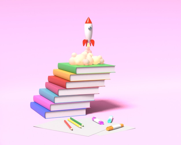 Foguete de brinquedo decola dos livros vomitando fumaça sobre um fundo rosa. símbolo do desejo de educação e conhecimento. ilustração da escola. renderização em 3d.