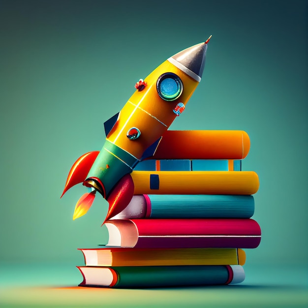 Foto foguete de brinquedo sai dos livros e começa a soltar fumaça símbolo da sede de conhecimento e educação ilustração usada em escolas ai generative