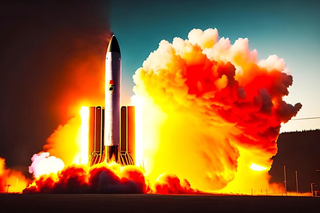 Foto foguete decolando efeito explosivo em fundo laranja ai gerado