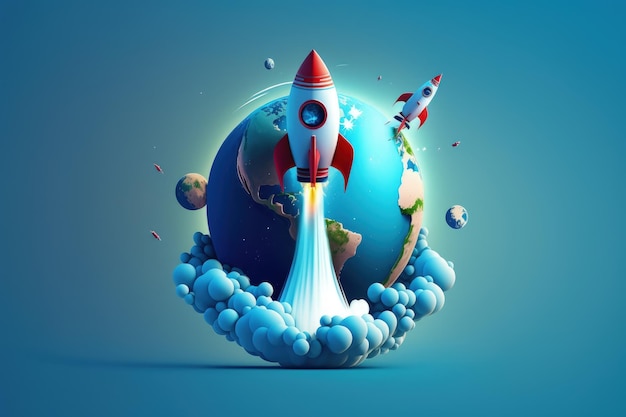 foguete deixando mini planeta terra fundo azul ilustração 3D AI