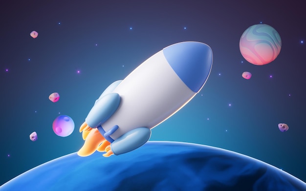 Foguete e renderização 3d do espaço sideral