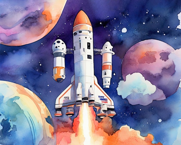 foguete indo da terra para o espaço ilustração a aquarela