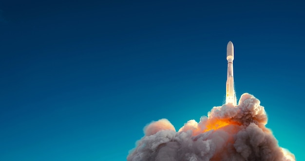 Foto foguete lançado com sucesso no espaço contra o céu azul. nave espacial decolando