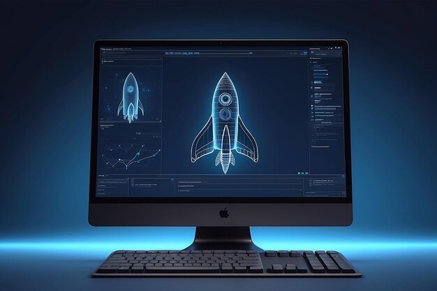 Foto foguete na tela do monitor do computador conceito de inicialização fundo azul ia generativa